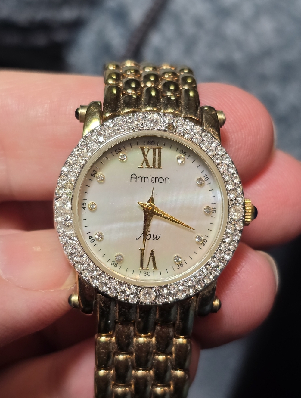 Armitron Gold-Tone Crystal Bezel Watch with Mother-of-Pearl Dial It Runs Too!